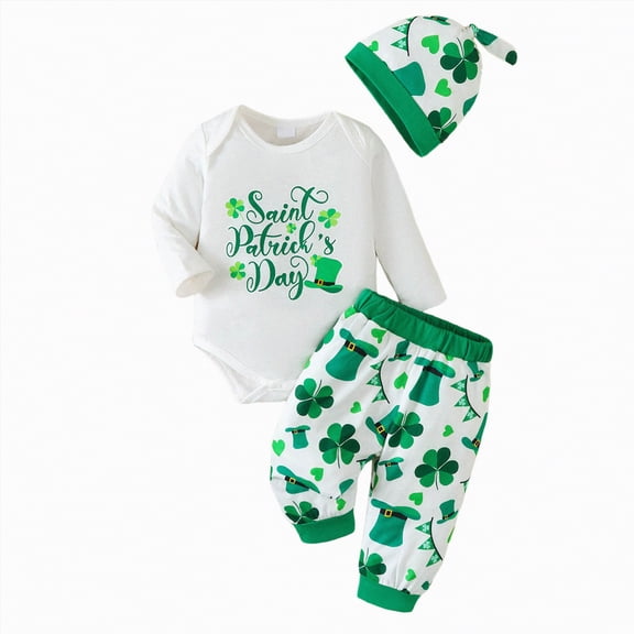 Leey-World Newborn Baby Boy St Patricks Day Outfit Cutest Clover In the Patch Romper Striped Waffle Pants with Hat 3Pcs Sets|White,6-9 Months