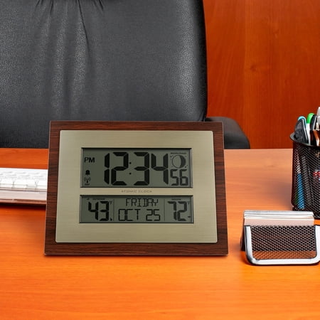 Atomic Digital Wall Clock with Weather Station, 11 Inch Cherry Wood