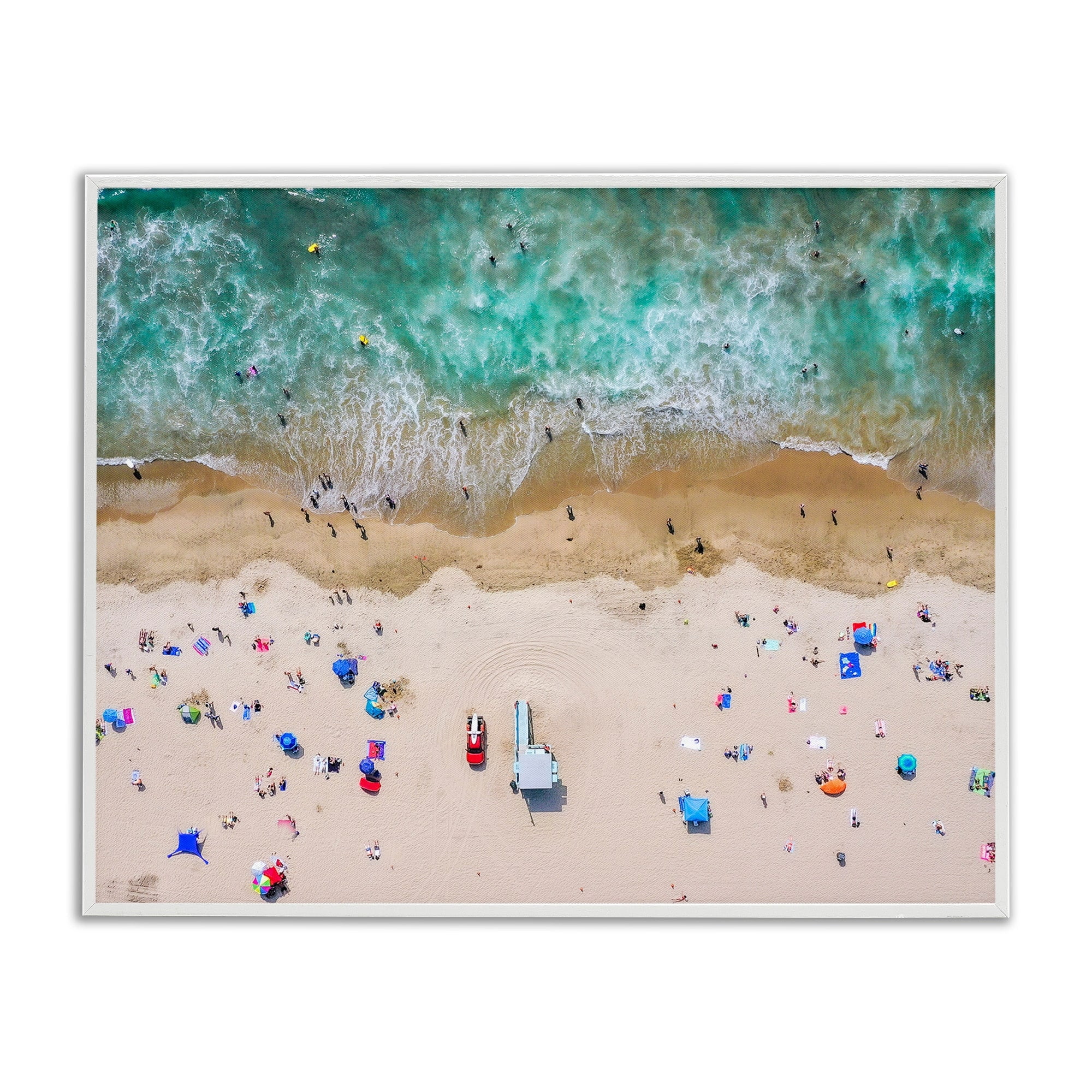 Stupell Industries Aerial View Busy Summer Beach Umbrellas People Swimming Photograph White Framed Art Print Wall Art, Design by Jeff Poe Photography