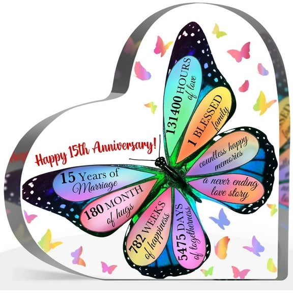 15th Anniversary Wedding Gifts for Her Him, 15th Anniversary Butterfly Acrylic Sign, 15 Year Anniversary Marriage Gifts for Women Men Couples, Anniversary Decorations for Home 4x4 inch