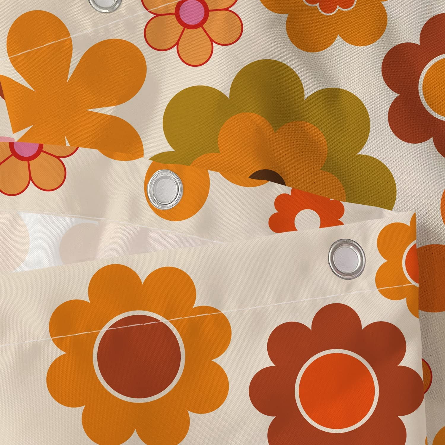 Retro Flowers Shower Curtain, Groovy Brown Orange Sun Flower Vintage 70s Fabric Shower Curtains Set for Bathroom Funky Hippie 1970 Boho Yellow Floral Decoration with Hooks 72 X 72 inch Bath Decor