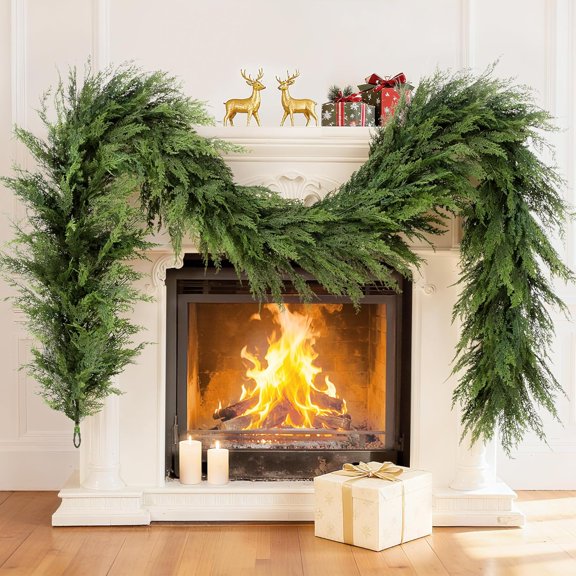 JEWLALO 2PCS Christmas Garland, 9FT Realistic Cedar Cypress Pine Greenery Garland Faux Christmas Garland Decorations for Mantle, Fireplace, Table, Stairs, Doors, Porch, Indoor Outdoor Christmas Decor