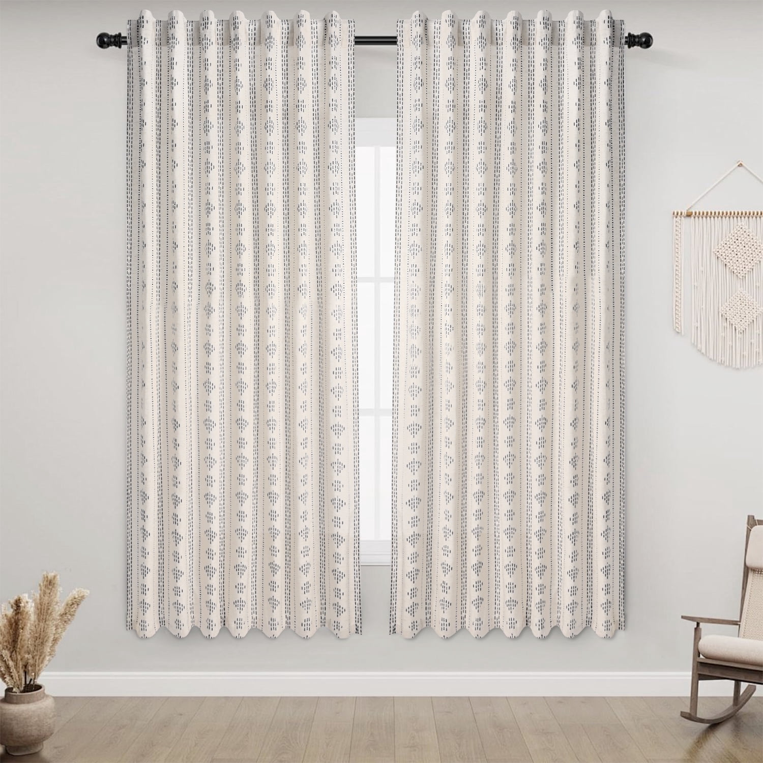 Alishomtll Boho Farmhouse Curtains Linen Light Filtering Grey Geometric Striped Window Drapes ,52"x63", 2 Panels