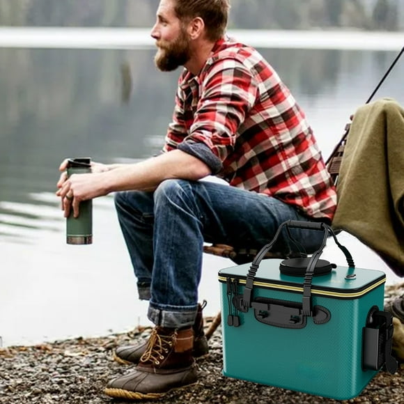 Portable Folding Fishing Bucket with Oxygen Pump Holder 21L Capacity 15.74x9.84x9.84 Inches ABS Material Green Outdoor Live Fish Storage Container Akmoler | Plastic, Green