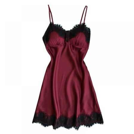 

Women Satin Sleepwear Dress V Neck Sling Lace Trim Chemise Nightgown
