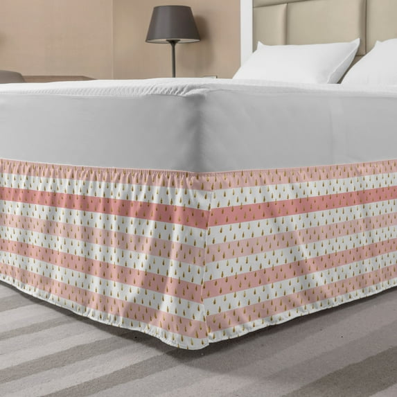 Rain Bed Skirt, Pink and White Horizontal Crooked Stripes and Grape Seed Inspired Drops, Elastic Bedskirt Dust Ruffle Wrap Around for Bedding Decor, 4 Sizes, Pink White and Amber, by Ambesonne