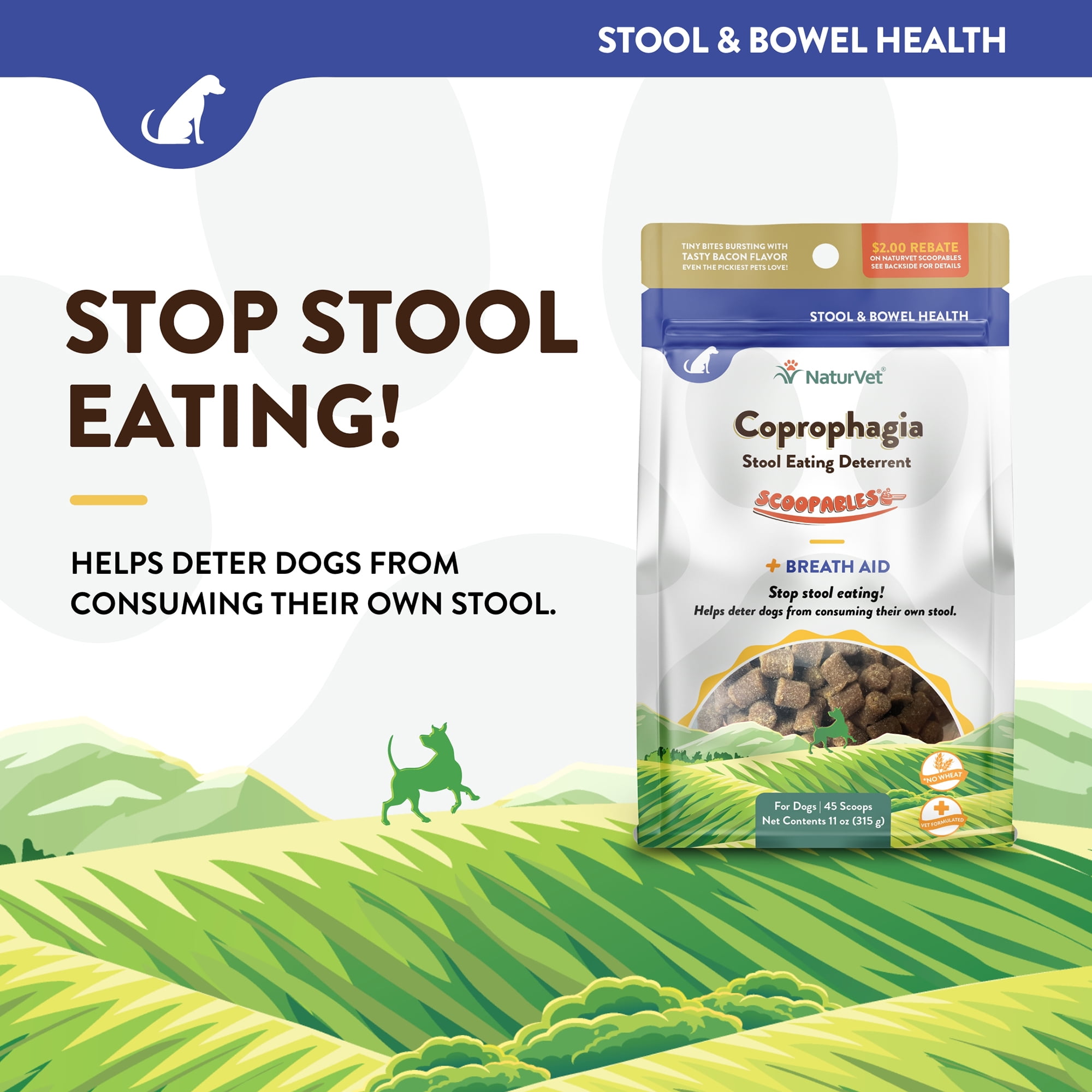 NaturVet Stool Eating Deterrent Stool & Bowel Supplement for Dogs, Hickory Smoked Bacon Flavor, 45 Scoopable Tiny Bites
