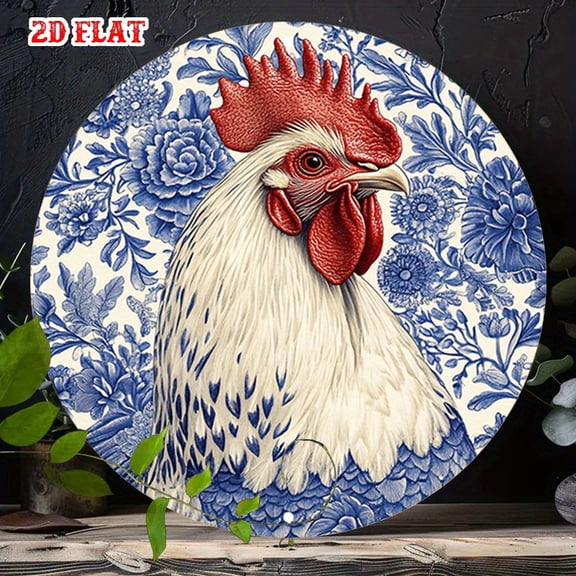 HELLOYOUNG Vintage Rooster Blue Floral Round Metal Wall Art Rustic Aluminum Decor for Indoor Farmhouse Kitchen