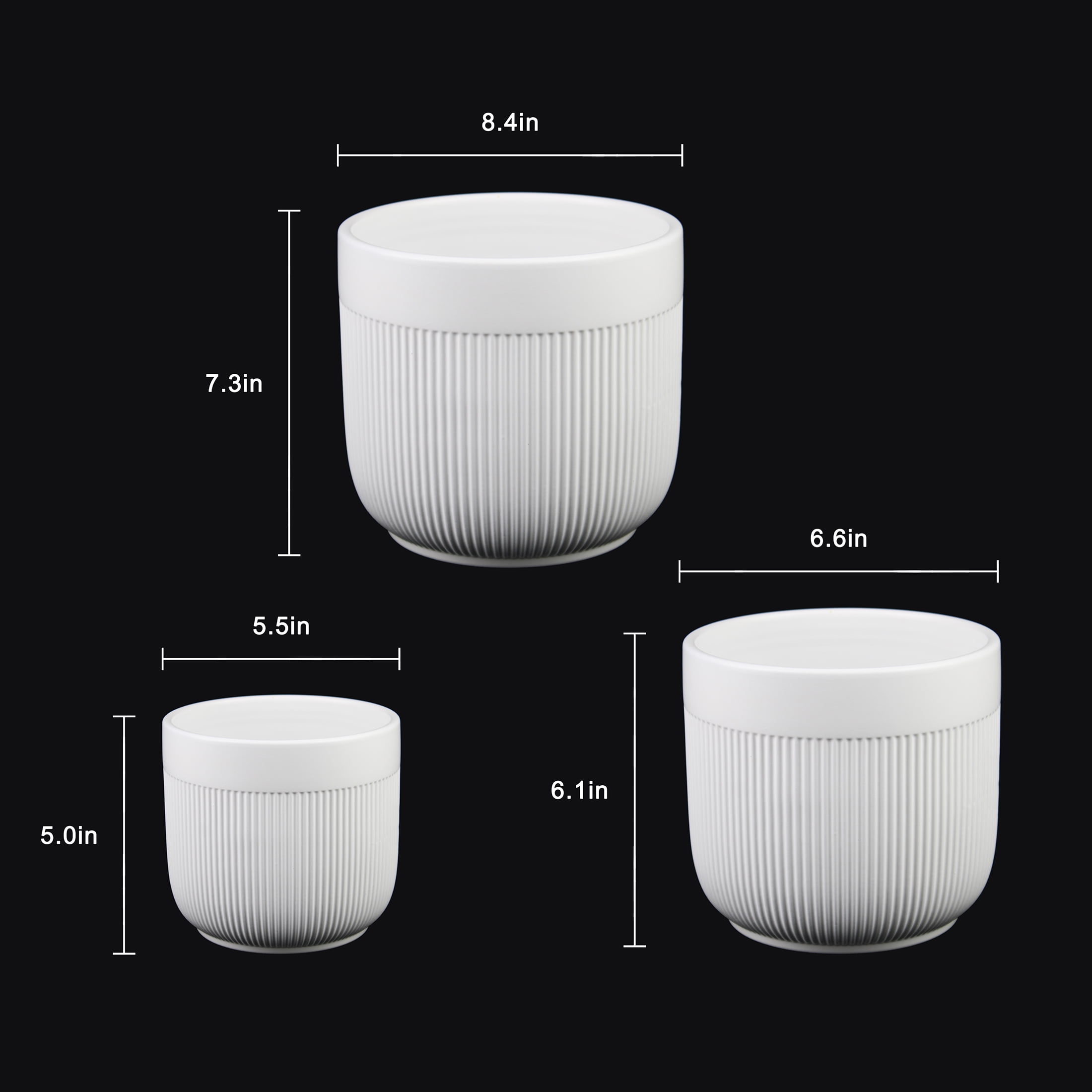 Florinia 3-Piece Stoneware Ribbed Ceramic Round White Flower Pots, 8.5" x 6.5" x 5.5"