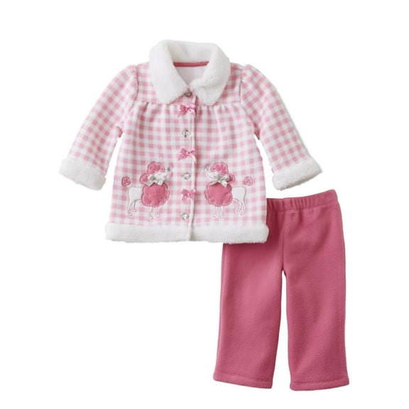 Infant Girls Baby Poodle Outfit Pink Check Fleece Jacket Shirt & Pants Set 0-3m