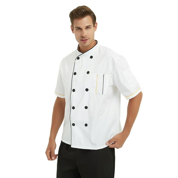 Toptie Short Sleeve Chef Jacket Kitchen Cook Coat Stripe Uniforms-White-XXL