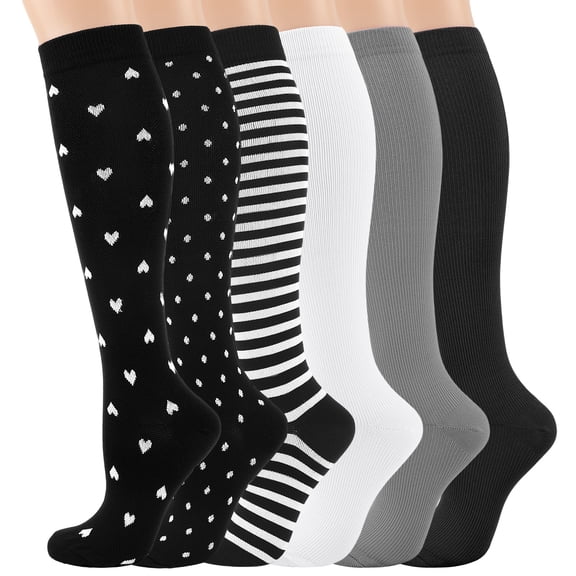 Hengguang 6 Pairs L/XL Size Compression Socks, 20-30 mmHg Knee High Stockings, Non-Slip Support Socks for Pregnancy, Running, Nursing, Athletic