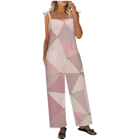 

Dyegold Jumpsuits for Women Casual Womens Rompers And Jumpsuits Geometric Print Color Block Casual Summer Bibs Long Pants Sleeveless Square Neck Rompers