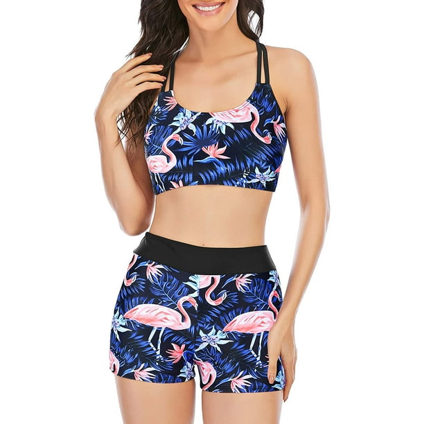 Womens Two Piece Swimsuits Athletic Bathing Suits for Women Active Floral  Top with Boyshort Bottoms 