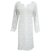 Mogul Ethnic Indian Long Tunic Floral White Embroidered Long Sleeves Kurti Dress