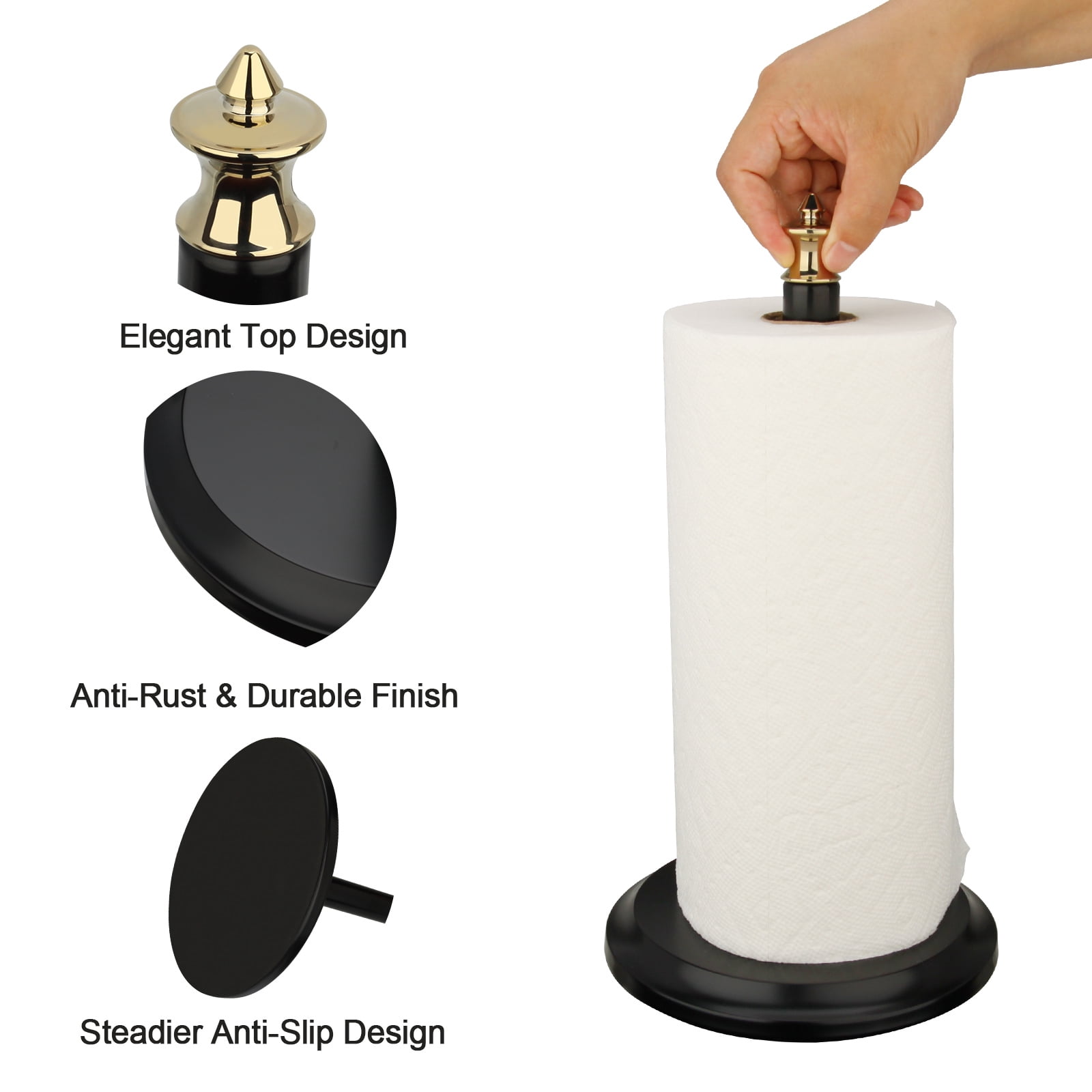 Akicon Paper Towel Holder Stand for Kitchen Countertop & Dining Room Table (Black Gold, Classical)