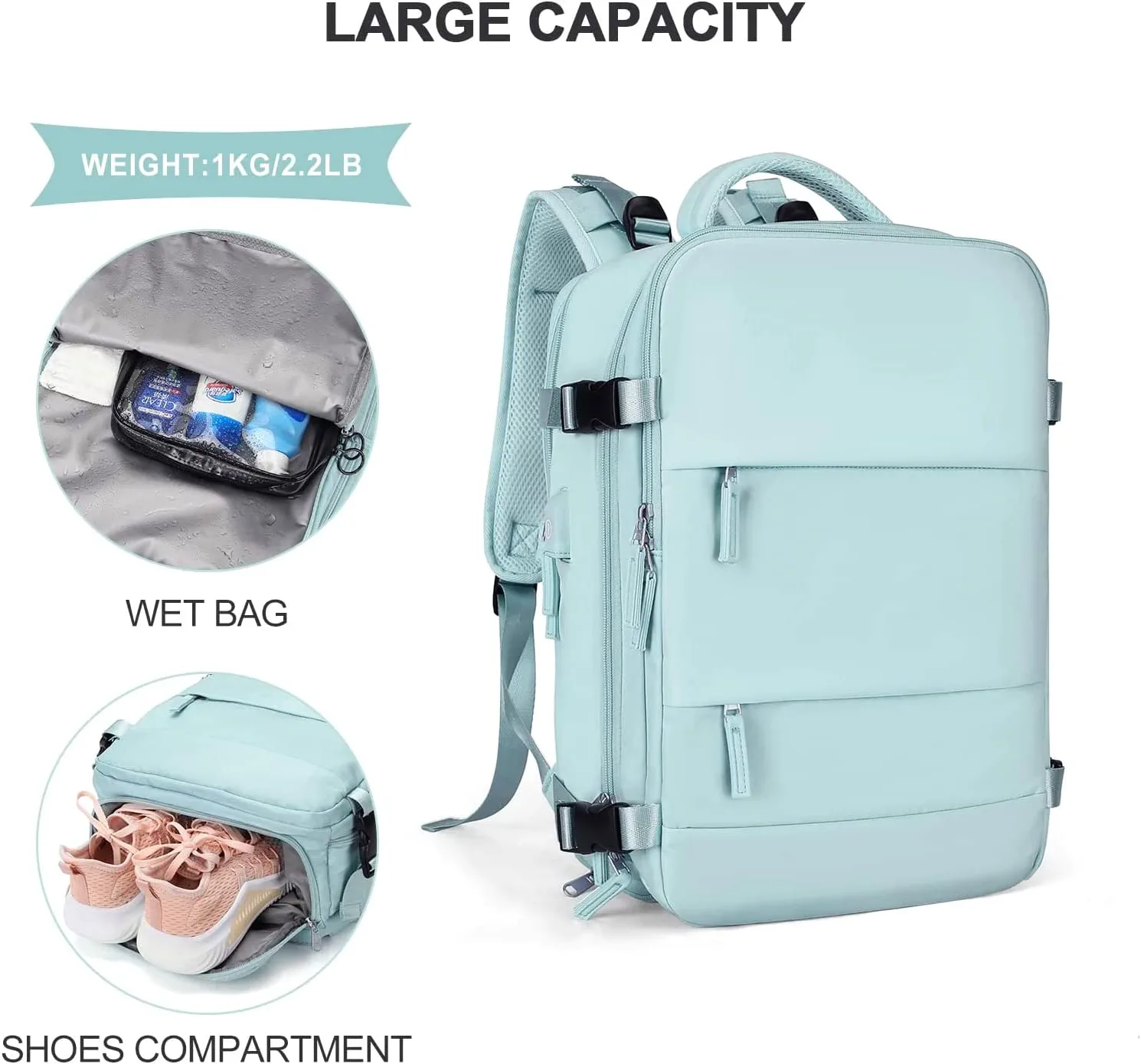 Large Backpack Women, Men Carry On Backpack,Hiking Backpack Waterproof Outdoor Sports Casual Daypack with Shoe Compartment ,Large Capacity Student School Bag Light Blue