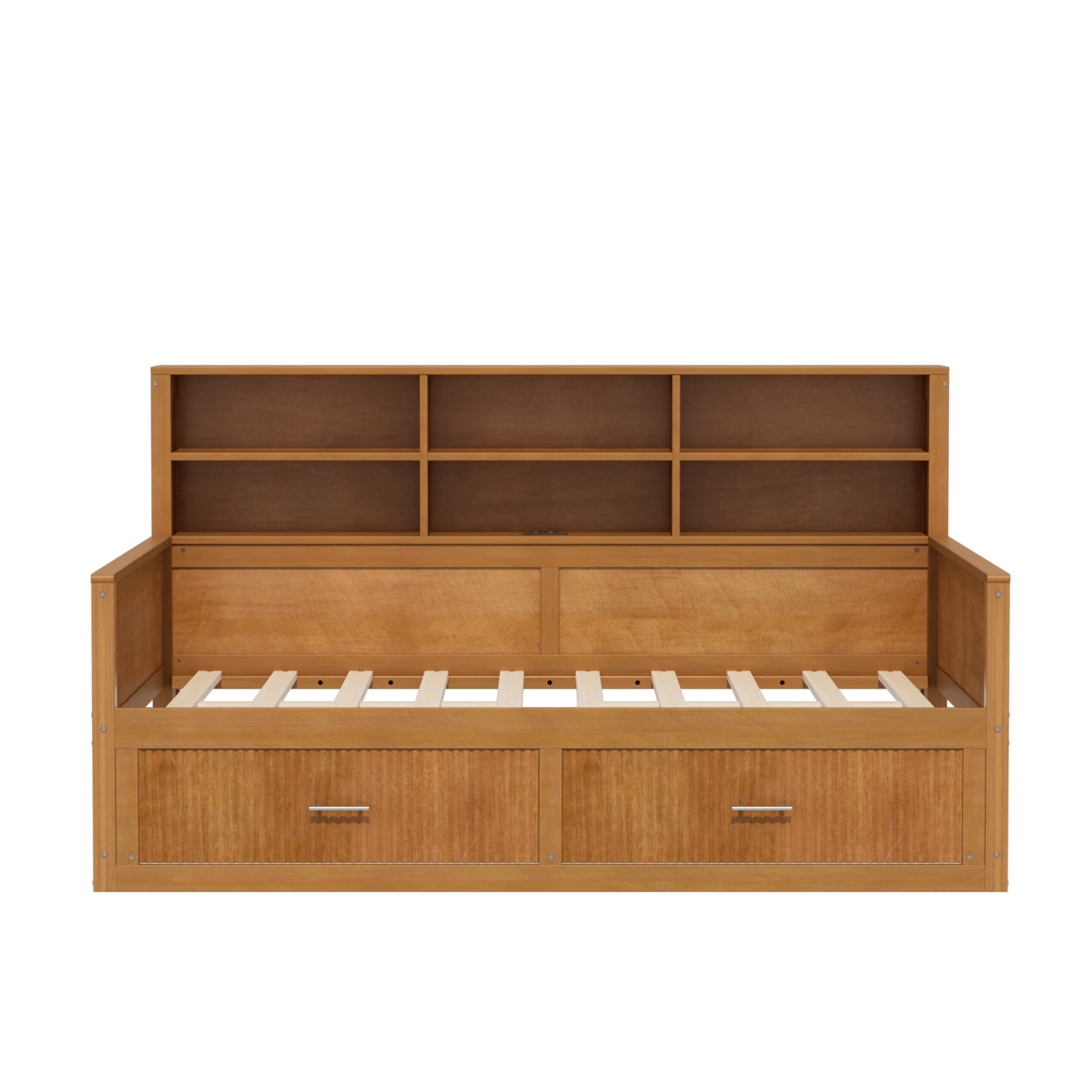 GDF Studio Josha Full-Size Wooden Daybed with Bookcase Headboard, Storage Drawers & Built-In Charging Station, Walnut