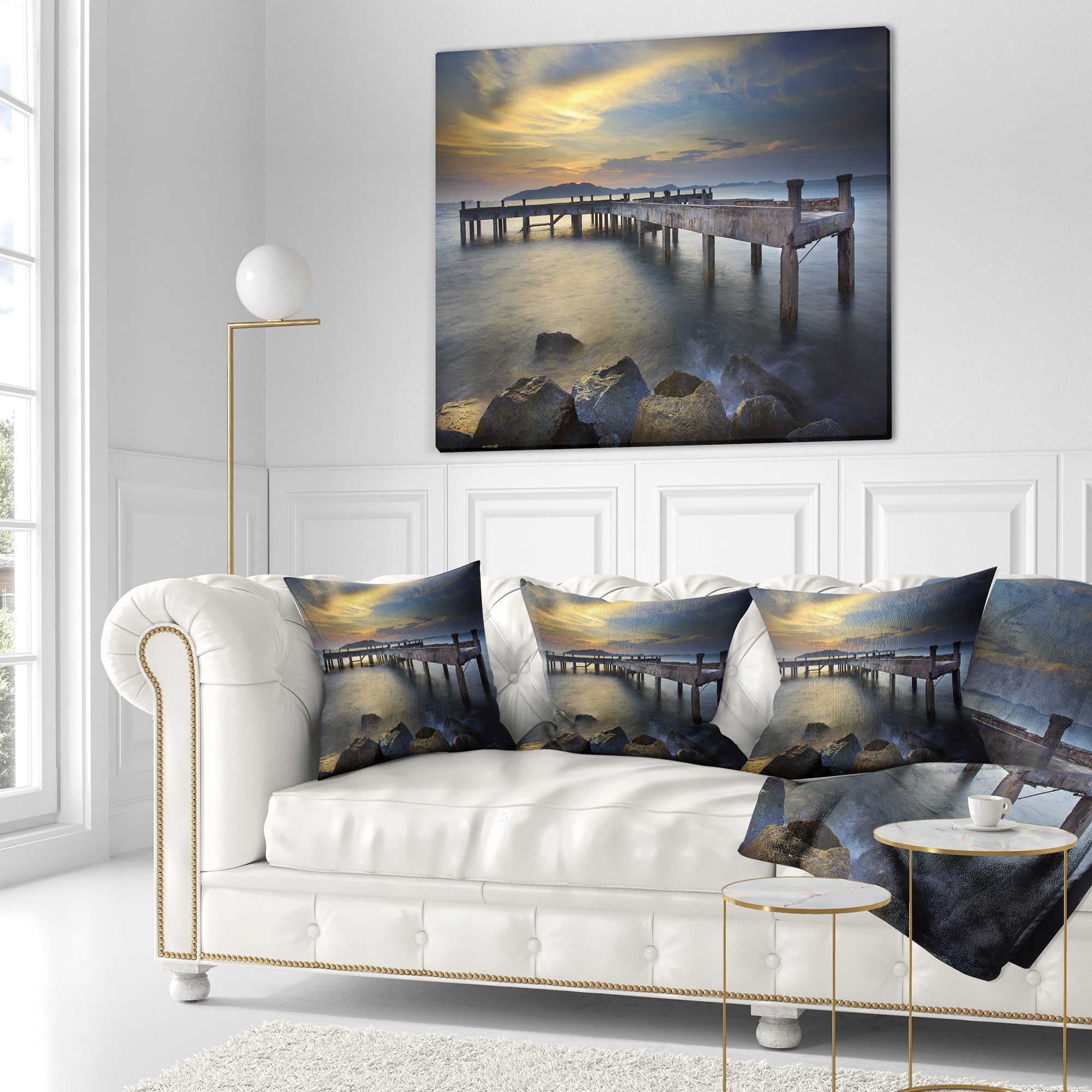 Designart Old Wood Boat Jetty into Blue Sea - Sea Bridge Throw Pillow - 16x16