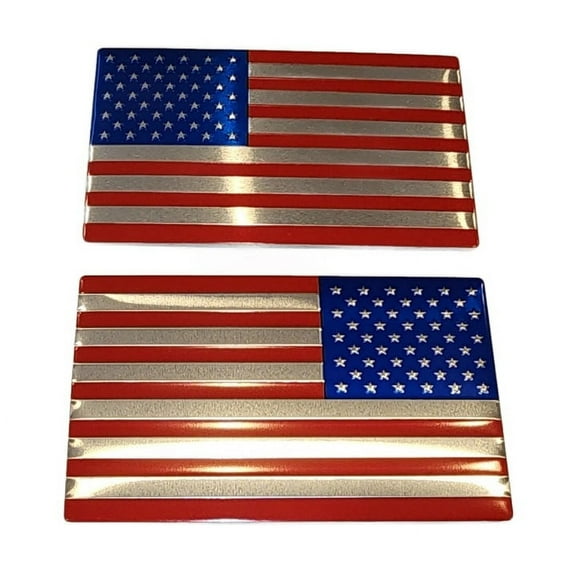 Muzzys (SET OF TWO) 3"x5" Red Chrome Blue Aluminum Embossed Left & Right American Flag Decal Emblem Sticker Badge United States Stick On Fender Bed Car Truck Window Glass Patriotic Gift Made in USA