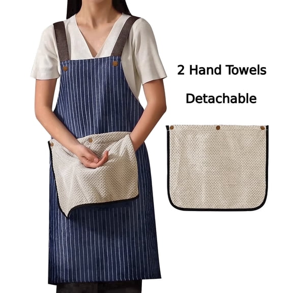 HonorHut Chef Kitchen Apron with 2 Removable Hand Towels Waterproof Striped Pinafore Bib Apron with Pockets for Women Men Blue