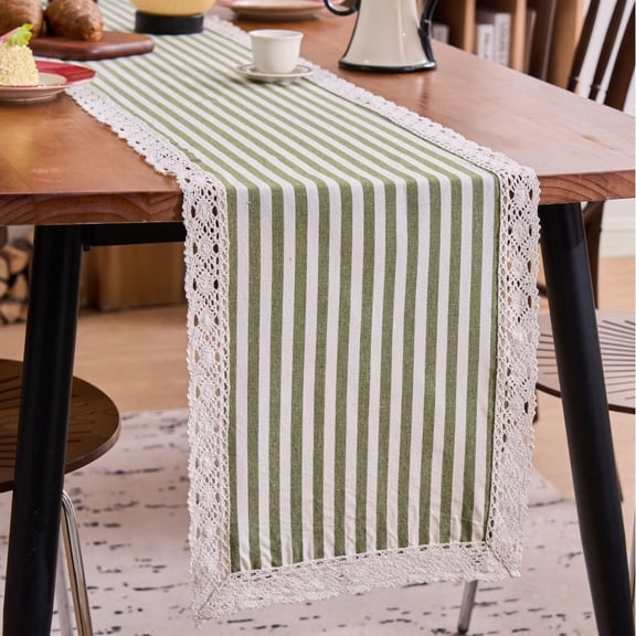 suxuMhao Table Runner, White & Green Vertical Striped Lace Edge Dining Table Runner, Cottage Farmhouse Decorative Runners for Tables, 13×71 In, 1 pc Table Linen for Daily Meals & Tabletop Decor