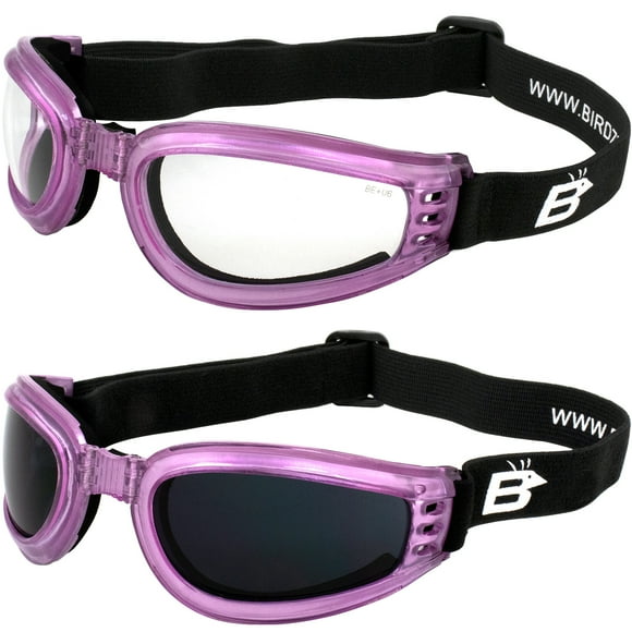 2 Pairs of Birdz Eyewear Cardinal Women's Pink Padded Motorcycle Goggles Super Dark & Clear Lenses
