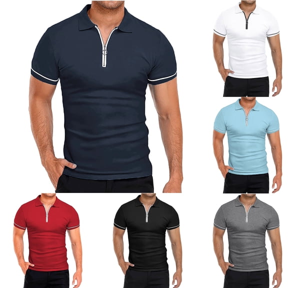 Sakmal Polo Shirts for Men Short Sleeve Cotton Zip Neck Beach Vacation Tshirts Dressy Casual Black Solid Mens Shirts L