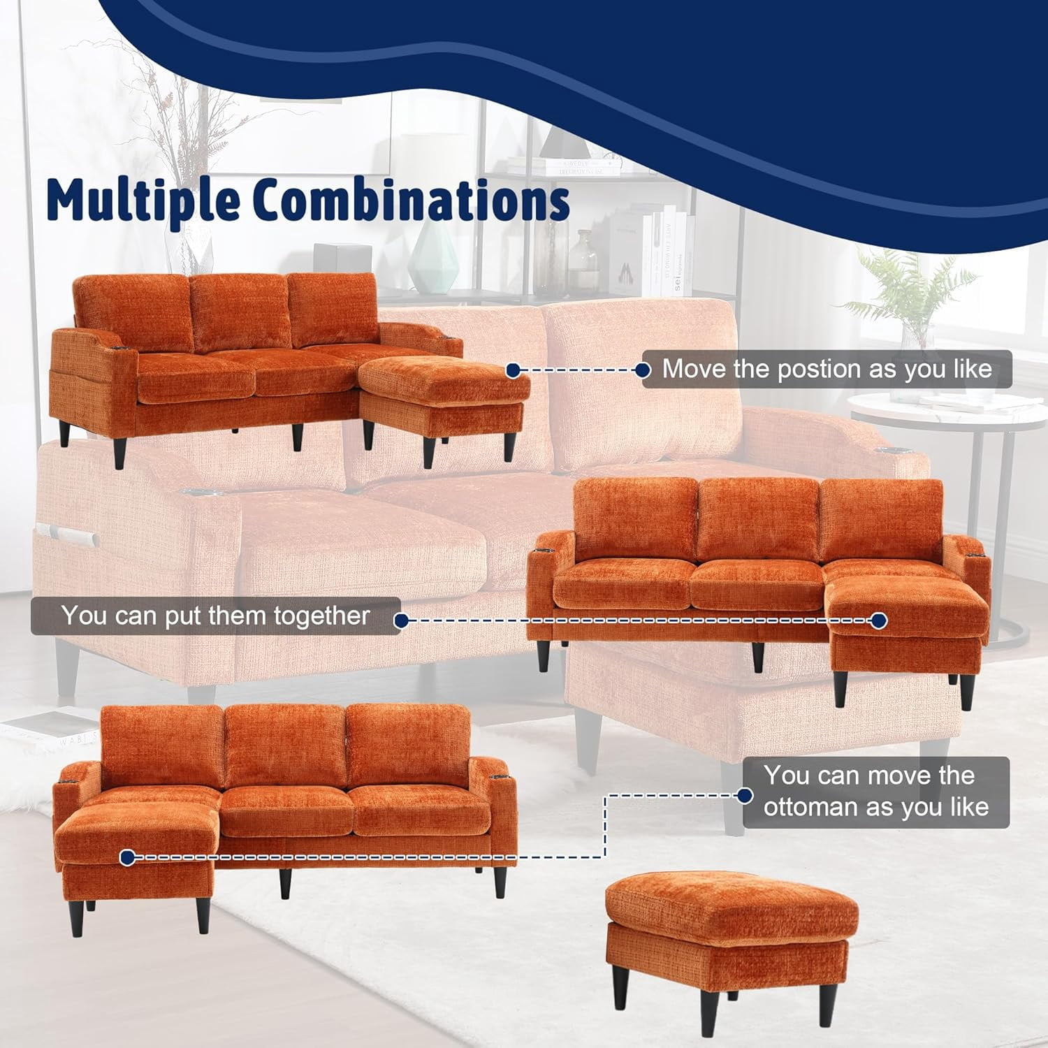 MOONMISS sofa 77.36" 3-seat, L -Shaped Sofa with Movable Ottoman for Living Room,Orange