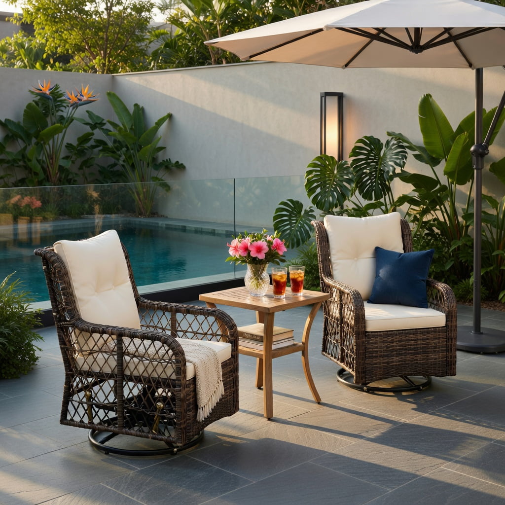 Hommoo 3-Piece PE Wicker Patio Furniture Set, Swivel Glider Chairs with 2-Tier Tempered Glass Side Table & All-Weather Cushions, Rattan Outdoor Seating for Porch, Backyard, Garden, Brown