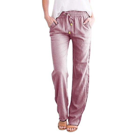 TRUBKH Wide Leg Pants Woman Palazzo Drawstring Elastic Waist Cotton Yoga Pants for Women High Waisted Flowy Lounge Summer Pants with Pockets Gaucho Pant Summer Beach Linen Trousers Pink S-3XL