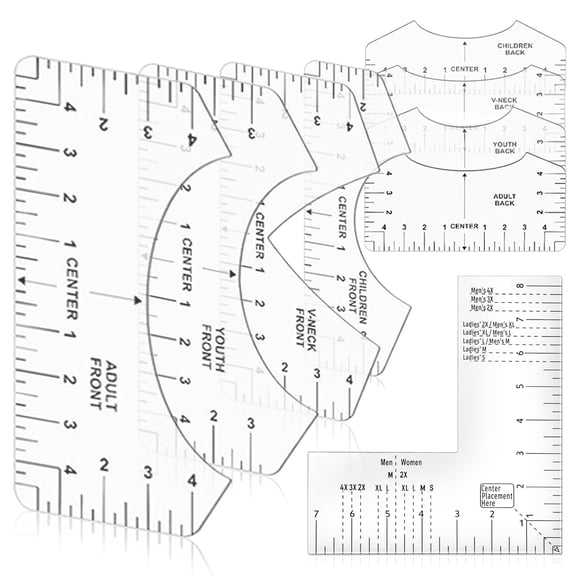 9 PCS Tshirt Ruler Guide Left Chest Logo Placement Tool for Center Vinyl, Transparent V-Neck/Round, Alignment, Heat Press, Children Youth Adult, Front and Back Measurement