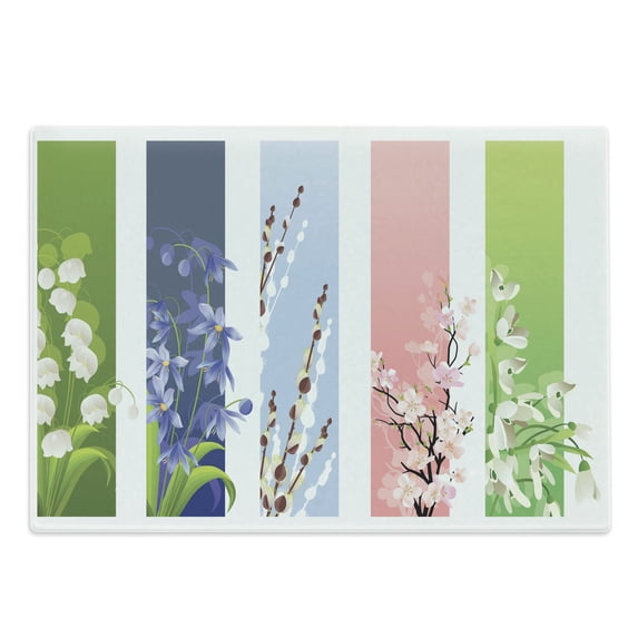 Flower Cutting Board, Spring Flowers on Different Backgrounds Lily Blossoms Valley Primrose Floral Print, Decorative Tempered Glass Cutting and Serving Board, Large Size, Multicolor, by Ambesonne