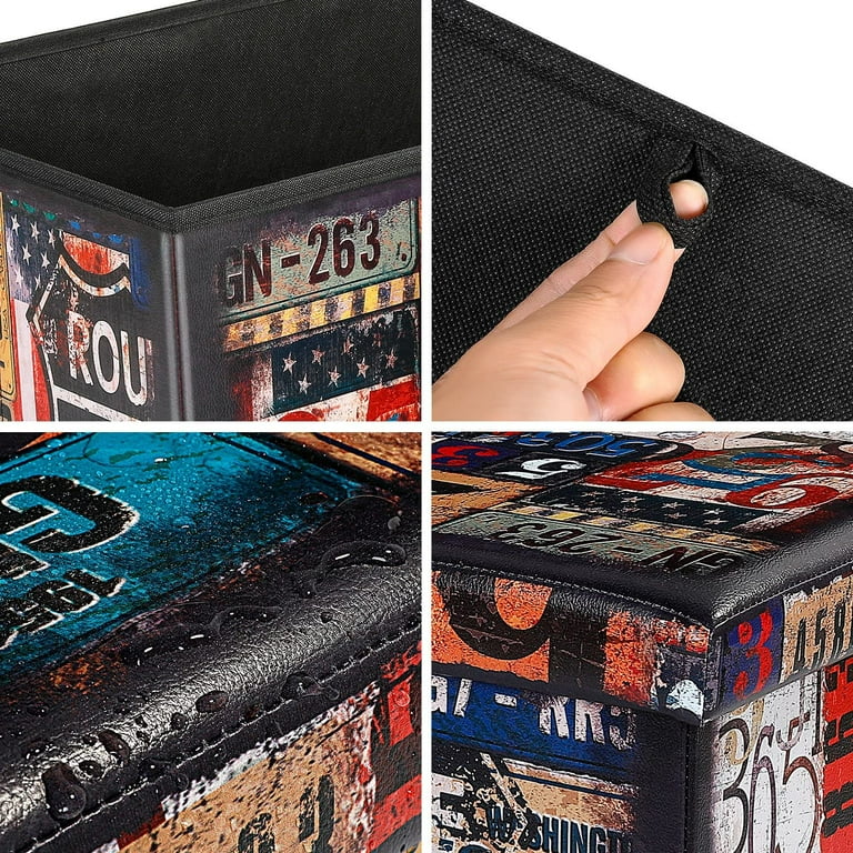 PINPLUS 30 Collapsible Ottoman Storage Route 66 Faux Leather Modern Toy Chest for Bedroom Living Room