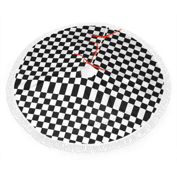 Christmas Tree Skirt Black White Checkered Pattren Xmas Tree Skirt with Tassels Christmas Holiday Decoration 30"