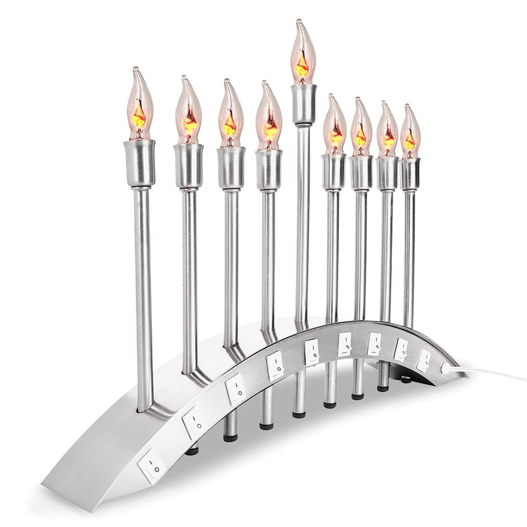 Brushed Stainless Steel Electric Menorah with Flickering Flames photo 5