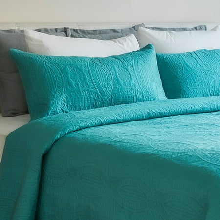 Mezzati Bedspread Coverlet Set Blue-Ocean Teal – Brushed Microfiber Bedding 3-Piece Quilt Set (Queen/Full, Blue Ocean Teal)