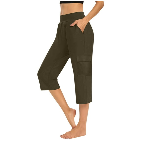 Bzhegqhd Solid Elastic Waist Pocket Cropped Pants Casual Stretchy Stylish Pants for Spring Summer Women's Clothing