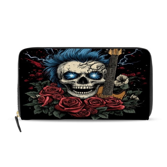 Qxltty Blue Hair Skull Guitar Pattern Women's Leather Wallet Fashion Retro Multi Card Holder with Cell Phone Pocket Mothers Day Gifts