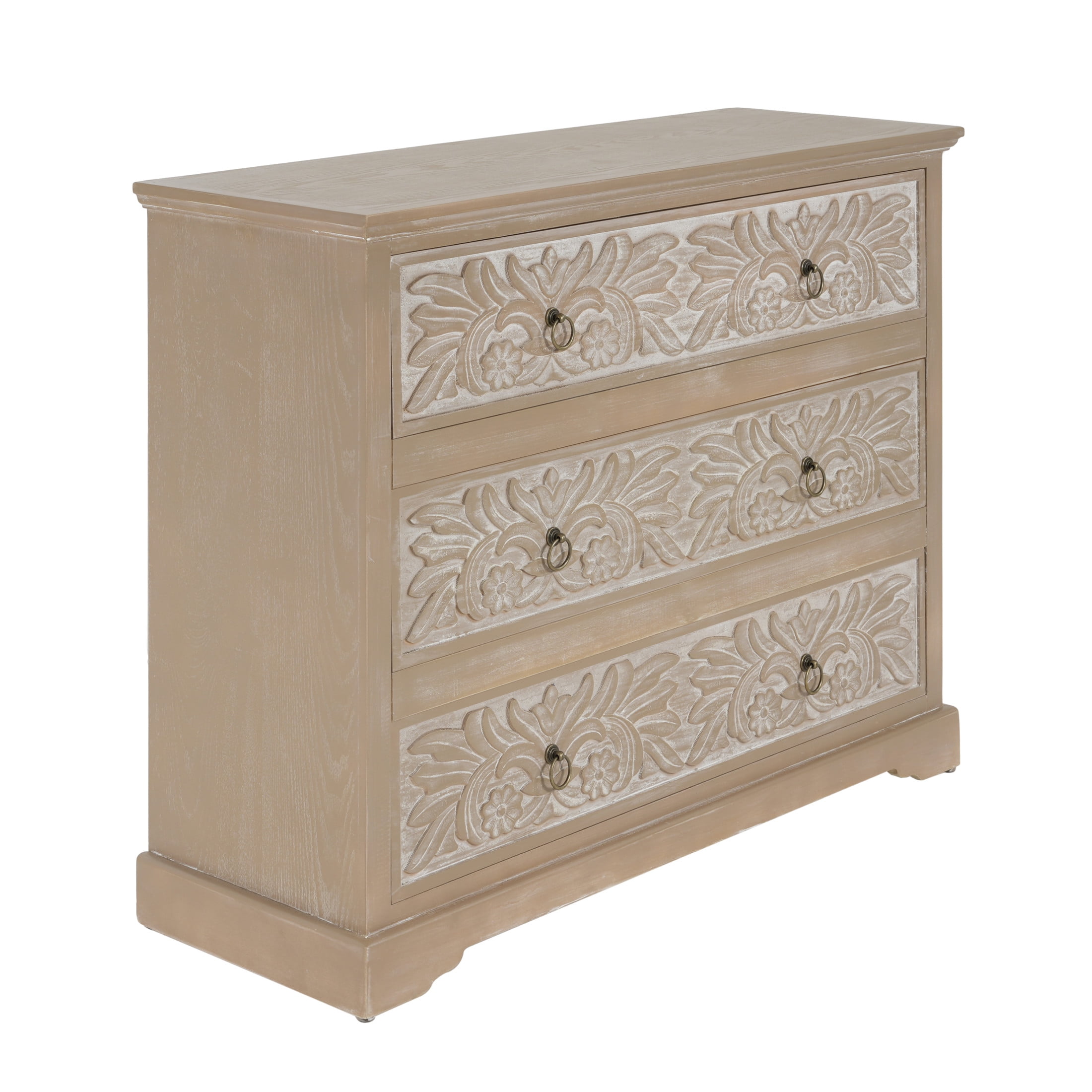 Christopher Knight Home Boho 3-Drawer Dresser with Carved Floral Front, Vintage Style, Light Ash & White