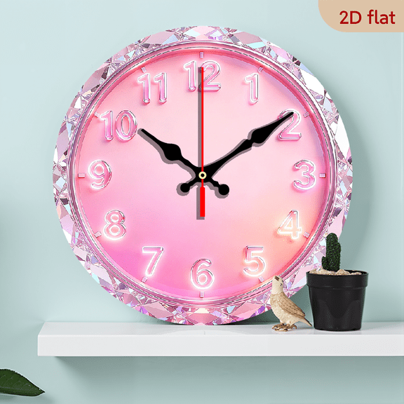 2D Flat 1pc 10Inch Wooden Pink Diamond Round Wall Clock - Glamorous Shiny Style Decor with Automatic Wind-Up Mechanism, Pink Dial, Battery-Powered (AA Not Included) - for Living