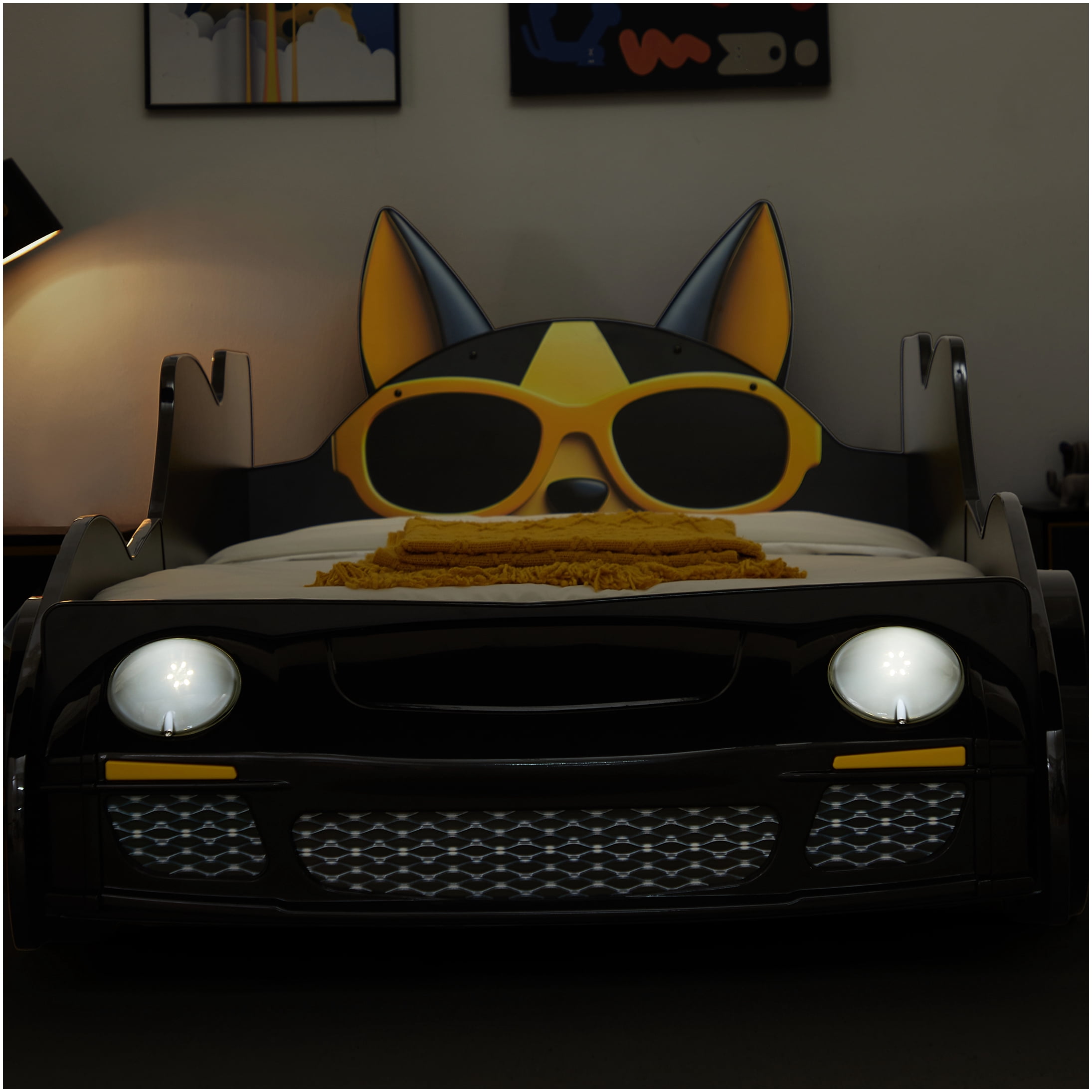 Twin Size Race Car Bed with LED Lights, Cartoon Dog Themed MDF Platform Bed with Guardrails
