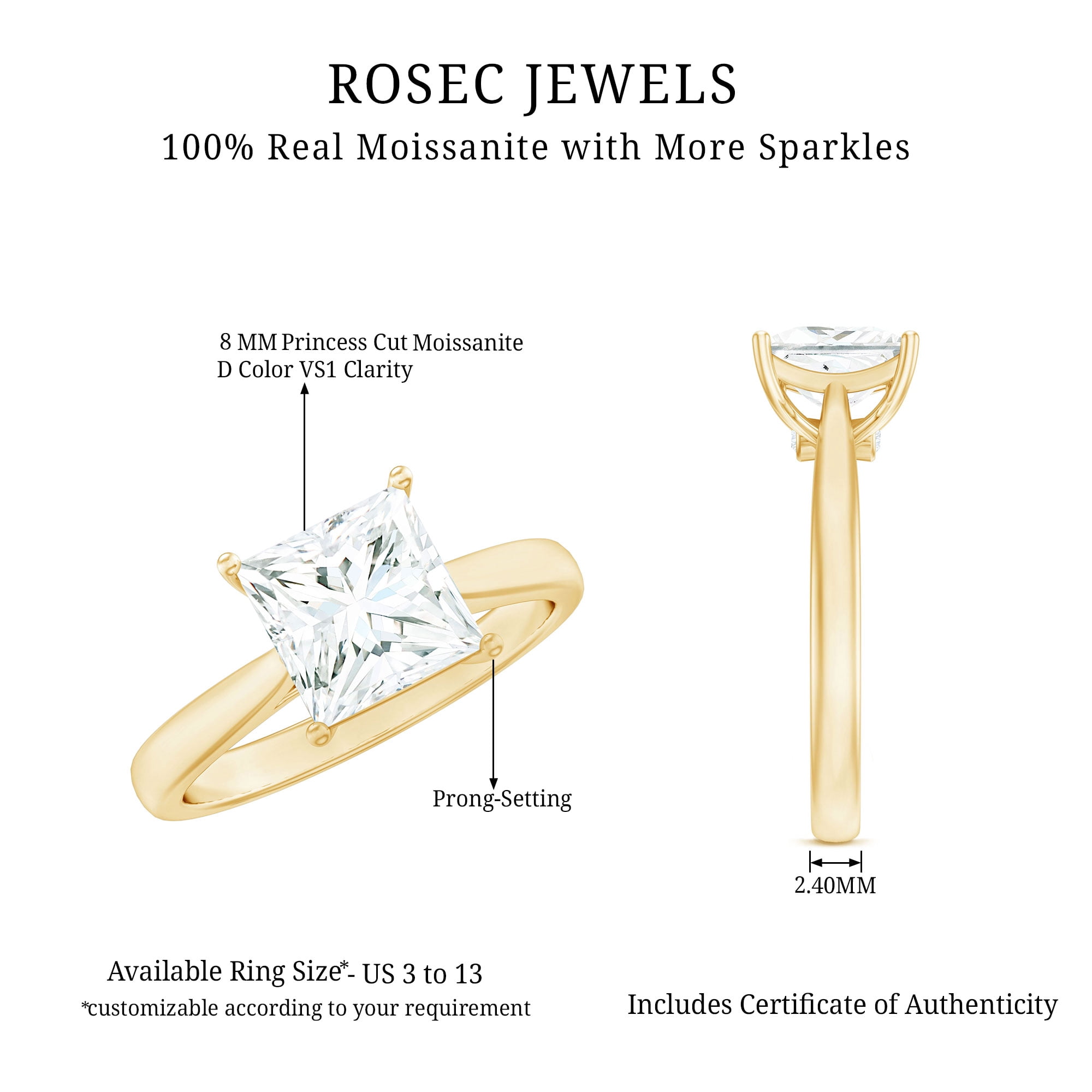 Rosec Jewels Princess Cut Moissanite Solitaire Engagement Ring for Women (2 Ct, 7 mm, D-VS1 Grade), 10K Yellow Gold, US 6.00