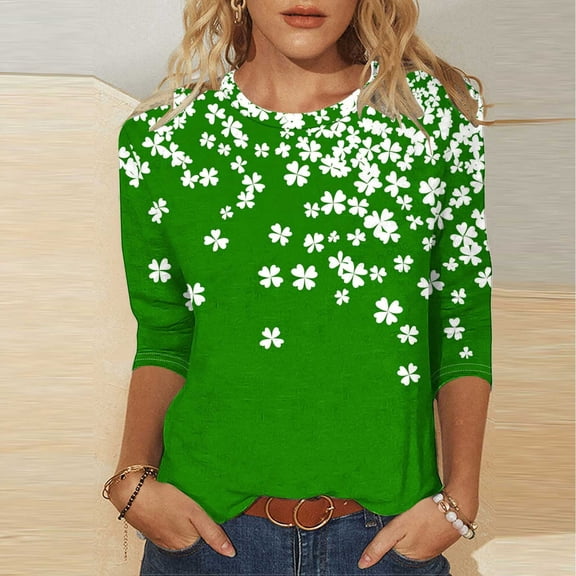 Zedker St Patricks Day Shirt Women 3/4 Sleeve Irish Shamrock Graphic Tee Festival Tops Green Clover Clothes Funny Gift