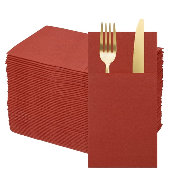 50 Pcs Servilletas Desechables con Sensación de Lino y Bolsillos para Cubiertos Incorporados, Servilletas de Papel para Cuchillo y Tenedor Rojo Ladrillo