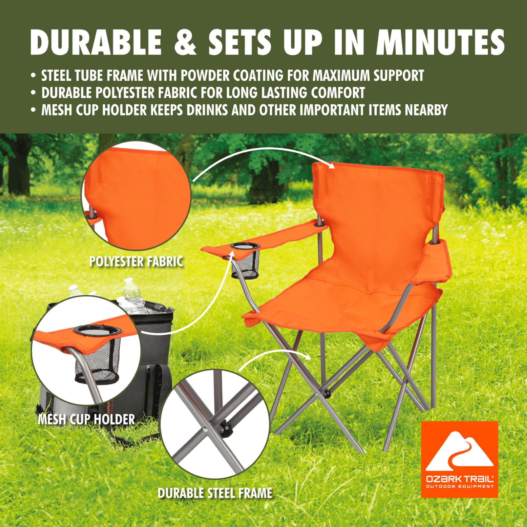 Ozark Trail Quad Folding Camp Chair with Cup Holder, Orange