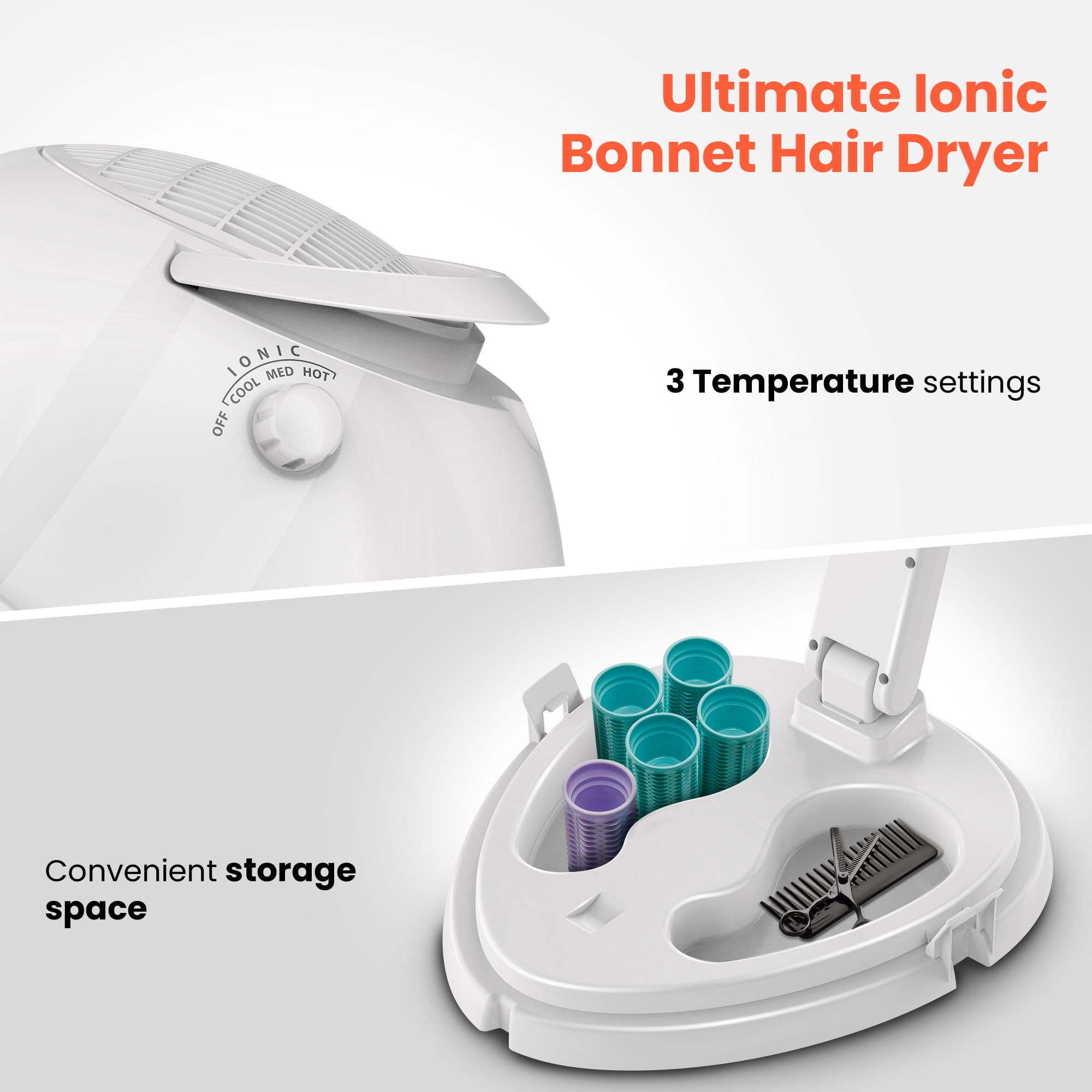 TASALON 1875W Ionic Hooded Hair Dryer with 3 Heat Settings, Professional Sit-Under Dryer for Home & Salon, Portable Ceramic Hair Dryer Bonnet,White