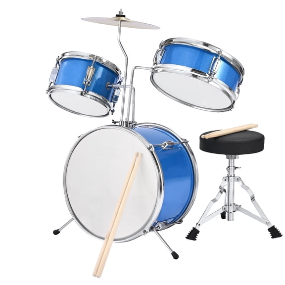 KFFKFF 3-Piece Kids Drum Set, 14-Inch Junior Drums with Adjustable Seat, Cymbal & Two Pairs of Drumsticks, Musical Instrument Kit for Beginners, Suitable for Ages 6-13 (Blue)