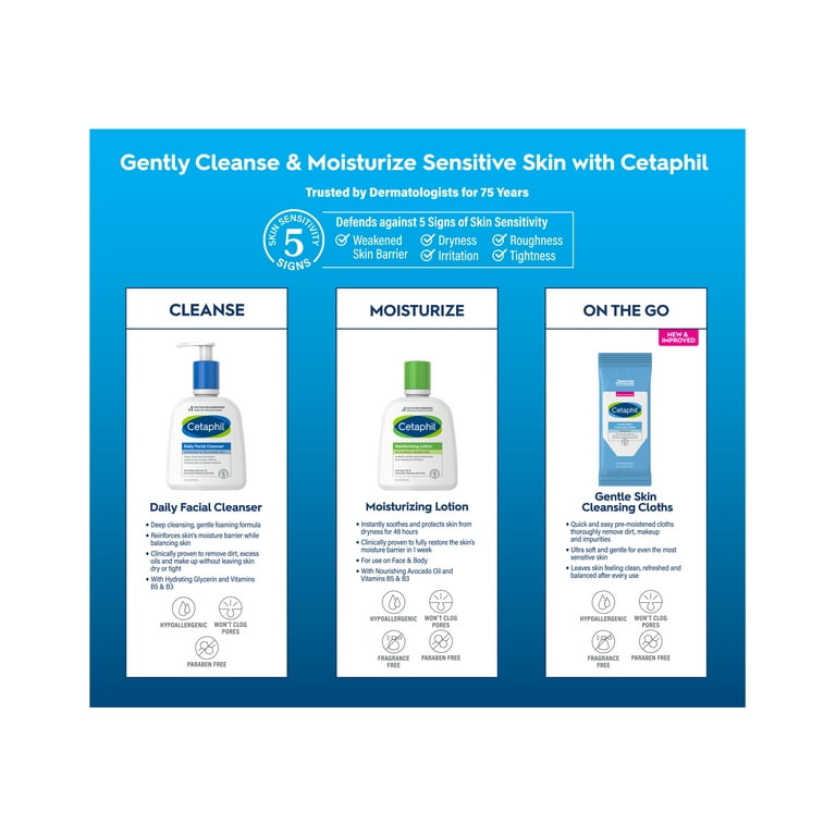 Cetaphil Healthy Skin Essentials Kit, Daily Facial Cleanser, Moisturizing  Lotion & Cleansing Cloths 