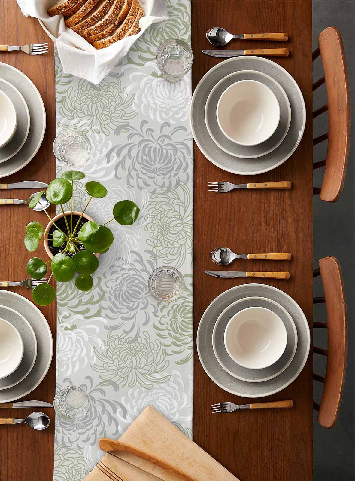Table Runners 90 Inches Long Dress Scarves, Sage Green White Farmhouse Coffee/Dining/Kitchen Table Runner for Living Room, Abstract Grey Chrysanthemum Flower 13x90 Inch